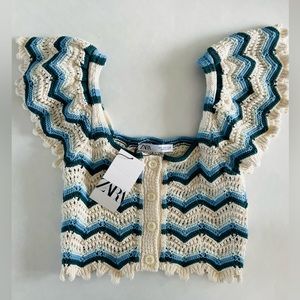 Zara Crochet Ruffle Sleeve Crop Top NWT